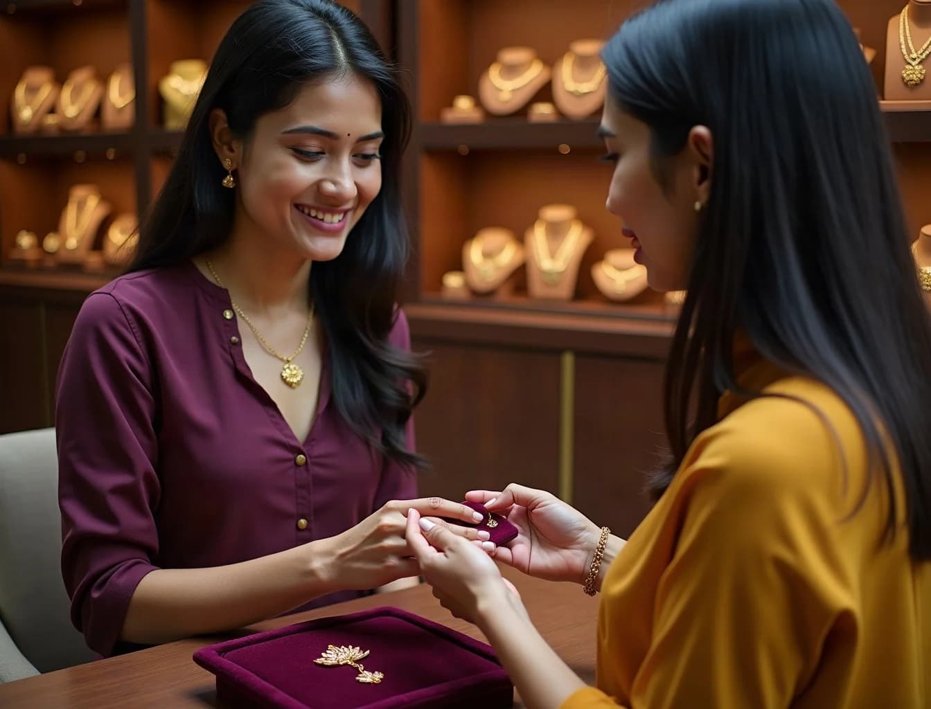 A customer and jewellery adviser considering a gold pendant