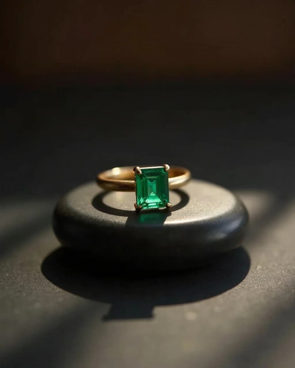 An emerald and gold jewellery design on a softly lit surface