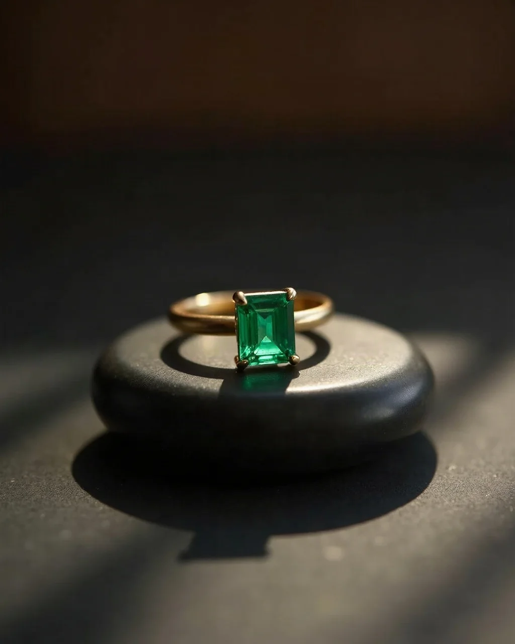 A rectangular emerald in a slender brushed gold ring